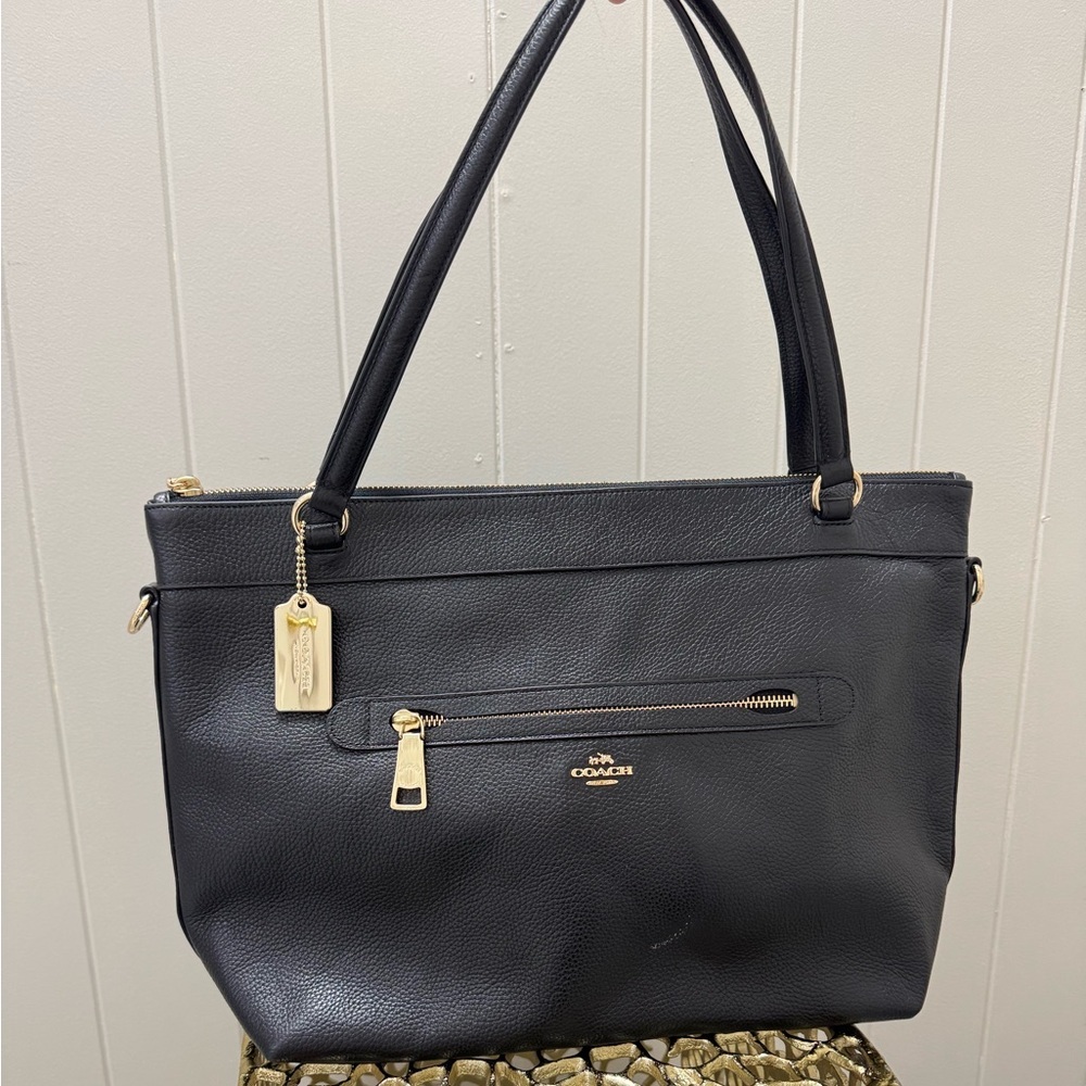 Coach Black Leather Tote with Gold Accents